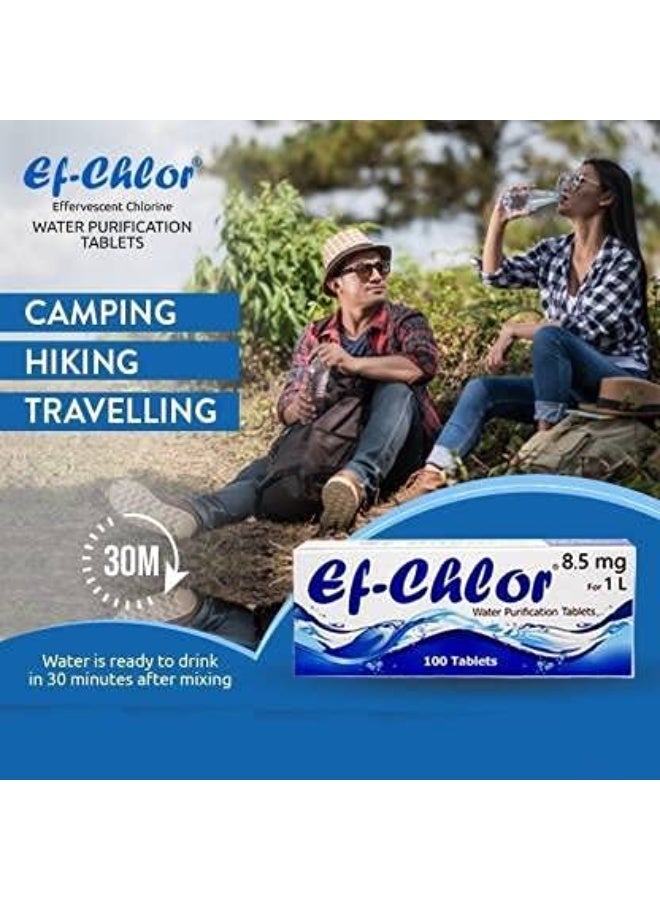 اي اف أقراص تنقية المياه للاستخدام الطارئ Ef-Chlor 8.5 ملغ لتسلق الجبال والسفر والتجوال والرحلات الخارجية والرحلات والتخييم والمشي لمسافات طويلة قرص واحد لتنقية 1-2 لتر من الماء عبوة من 100 قرص - Image 2
