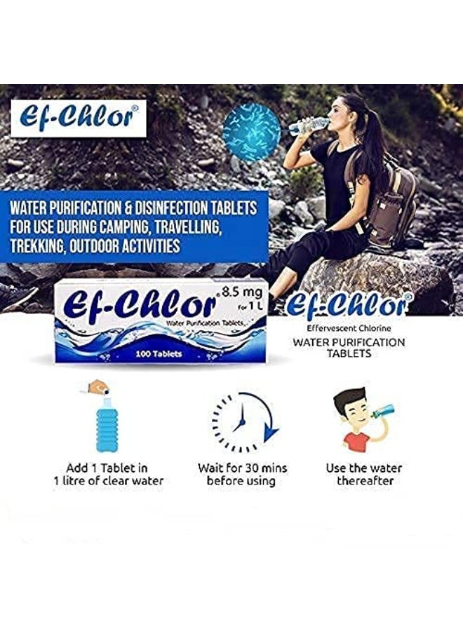 اي اف أقراص تنقية المياه للاستخدام الطارئ Ef-Chlor 8.5 ملغ لتسلق الجبال والسفر والتجوال والرحلات الخارجية والرحلات والتخييم والمشي لمسافات طويلة قرص واحد لتنقية 1-2 لتر من الماء عبوة من 100 قرص - Image 3