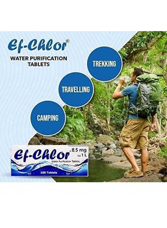 اي اف أقراص تنقية المياه للاستخدام الطارئ Ef-Chlor 8.5 ملغ لتسلق الجبال والسفر والتجوال والرحلات الخارجية والرحلات والتخييم والمشي لمسافات طويلة قرص واحد لتنقية 1-2 لتر من الماء عبوة من 100 قرص - Image 4