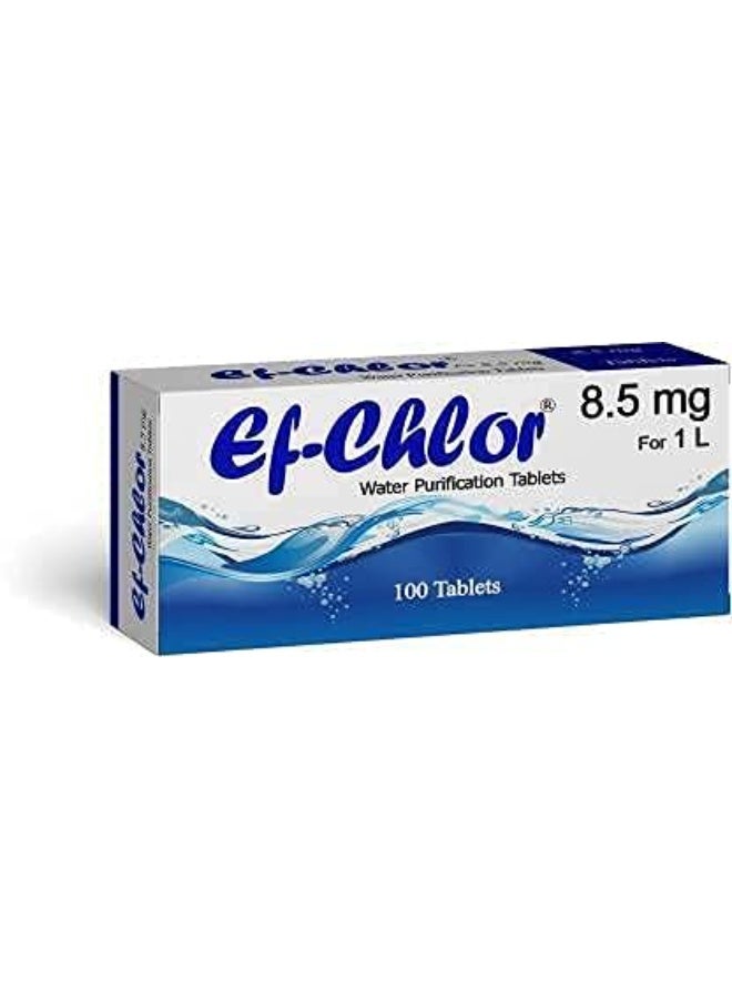 اي اف أقراص تنقية المياه للاستخدام الطارئ Ef-Chlor 8.5 ملغ لتسلق الجبال والسفر والتجوال والرحلات الخارجية والرحلات والتخييم والمشي لمسافات طويلة قرص واحد لتنقية 1-2 لتر من الماء عبوة من 100 قرص - Image 1