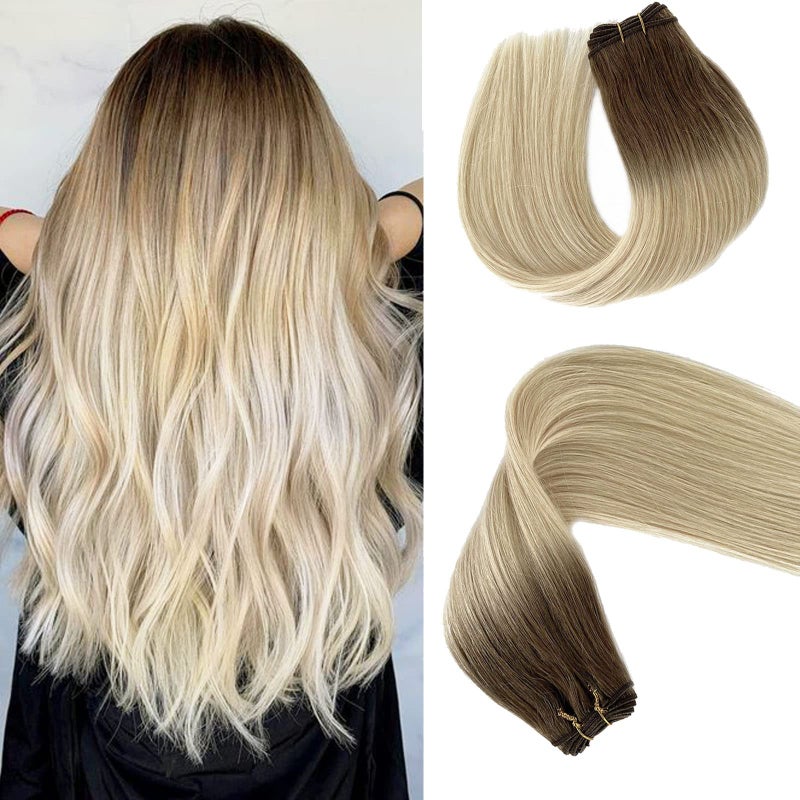 Valiilo Sew in Hair Extensions Real Human Hair 18 inch 100g Ombre Ash Brown Highlighted Platinum Blonde Weft Hair Extensions Hand Tied Sew in Hair Extension Human Hair Bundles - Image 3