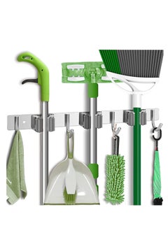 Generic Mop Holder Wall Mount, Upgraded Broom Holder Wall Mounted, Mop Hanger or Garden Kitchen Garage Storage and Organization(5 Positions with 6 Hooks) (Grey)  - Image 1