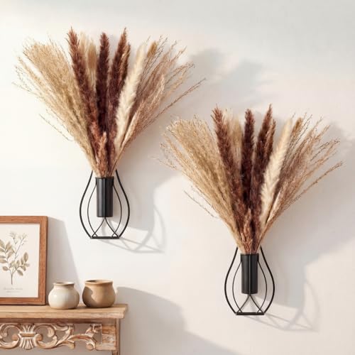 Otoolling Boho Wall Decor Set of 2 Metal Hanging Wall Art with Faux Pampas or EucalyptusMinimalist Bohemian Accent for Living Room Bedroom EntrywayBlackPampas - Image 1