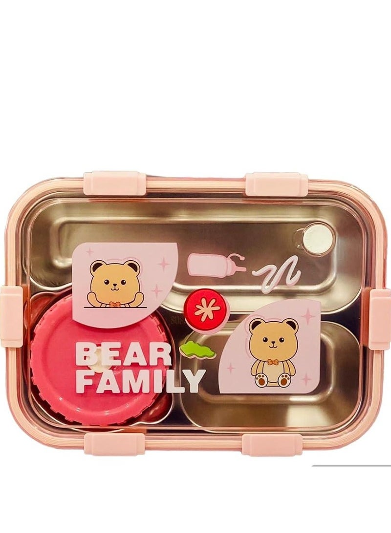 Laxon Laxon 7089 Bear Family stainless steel lunch box 700ml 3 Compartment with spoon - Pink - Image 1