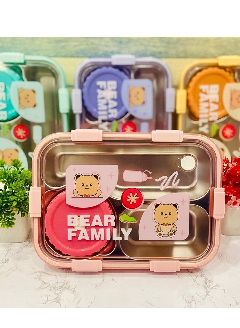 Laxon Laxon 7089 Bear Family stainless steel lunch box 700ml 3 Compartment with spoon - Pink - Image 2