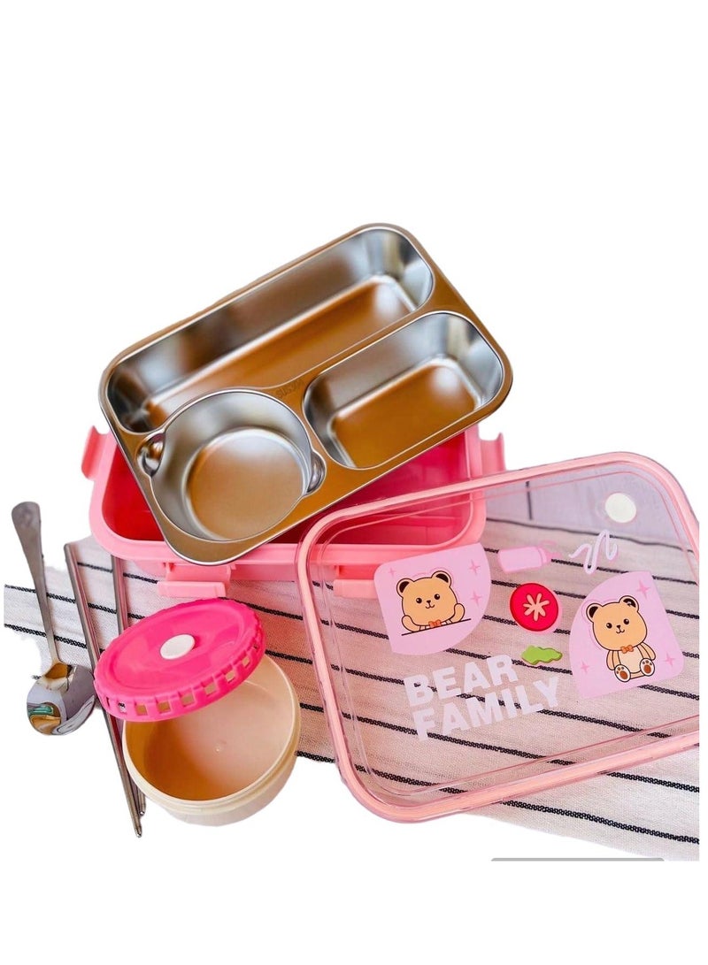 Laxon Laxon 7089 Bear Family stainless steel lunch box 700ml 3 Compartment with spoon - Pink - Image 3