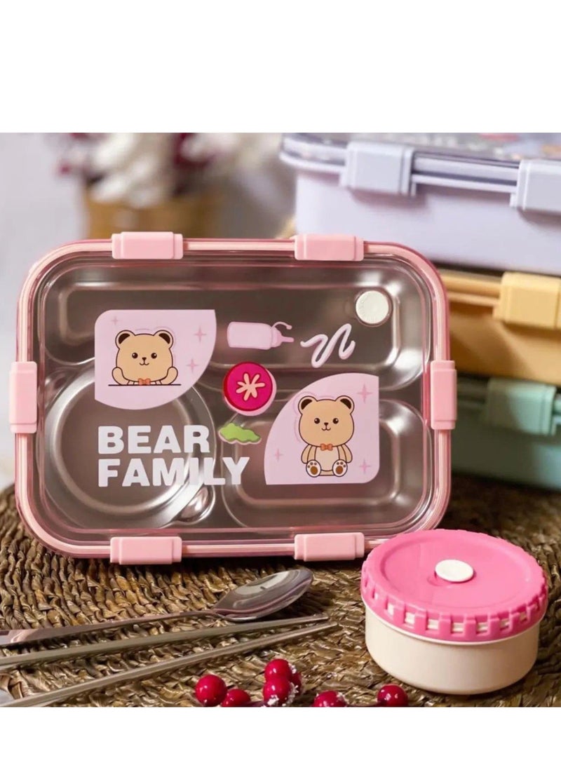 Laxon Laxon 7089 Bear Family stainless steel lunch box 700ml 3 Compartment with spoon - Pink - Image 4