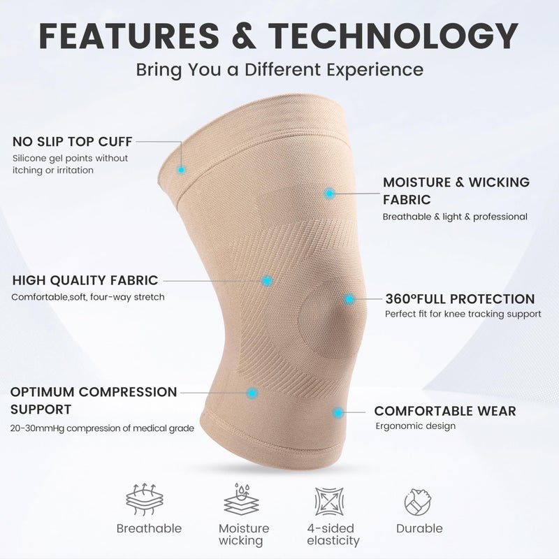 MGANG Knee Compression Sleeves, 1 Pair, Can Be Worn Under Pants, 20-30mmHg Strong Support Knee Brace for Unisex, Knee Support for Meniscus Tear, Arthritis, Pain Relief, Injury Recovery, Daily Wear, Beige M - Image 2