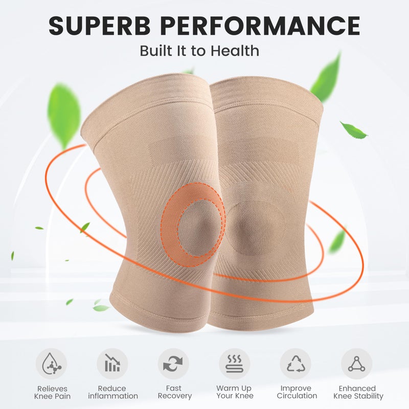 MGANG Knee Compression Sleeves, 1 Pair, Can Be Worn Under Pants, 20-30mmHg Strong Support Knee Brace for Unisex, Knee Support for Meniscus Tear, Arthritis, Pain Relief, Injury Recovery, Daily Wear, Beige M - Image 3
