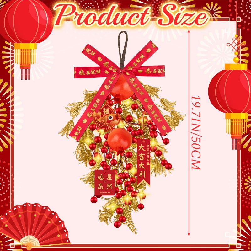 Denylo pro Chinese New Year Wreath with Red Apples Gold Leaver Flower Wreath Chinese Spring Festival Hanging Ornament for Wall Door Windows Spring Festival Decor - Image 2