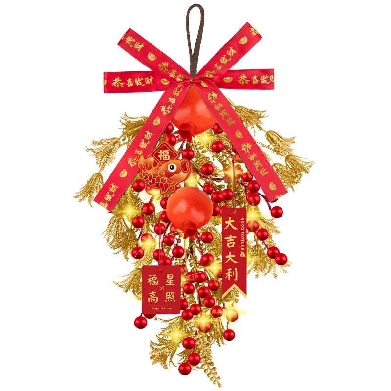 Denylo pro Chinese New Year Wreath with Red Apples Gold Leaver Flower Wreath Chinese Spring Festival Hanging Ornament for Wall Door Windows Spring Festival Decor - Image 1