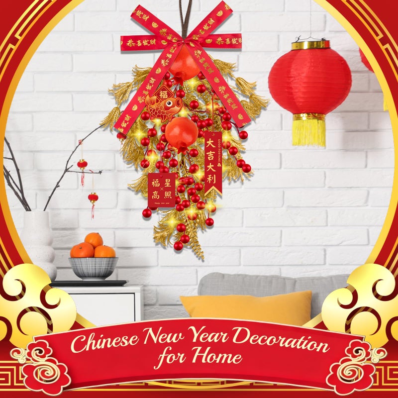 Denylo pro Chinese New Year Wreath with Red Apples Gold Leaver Flower Wreath Chinese Spring Festival Hanging Ornament for Wall Door Windows Spring Festival Decor - Image 4