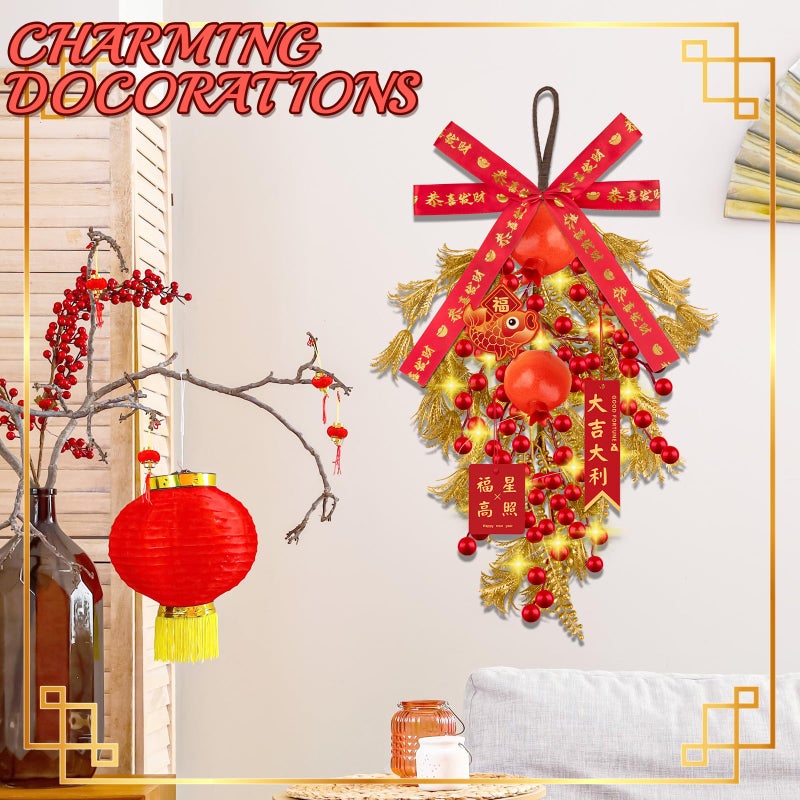 Denylo pro Chinese New Year Wreath with Red Apples Gold Leaver Flower Wreath Chinese Spring Festival Hanging Ornament for Wall Door Windows Spring Festival Decor - Image 5