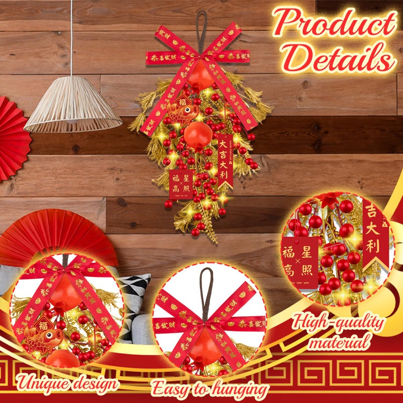 Denylo pro Chinese New Year Wreath with Red Apples Gold Leaver Flower Wreath Chinese Spring Festival Hanging Ornament for Wall Door Windows Spring Festival Decor - Image 3