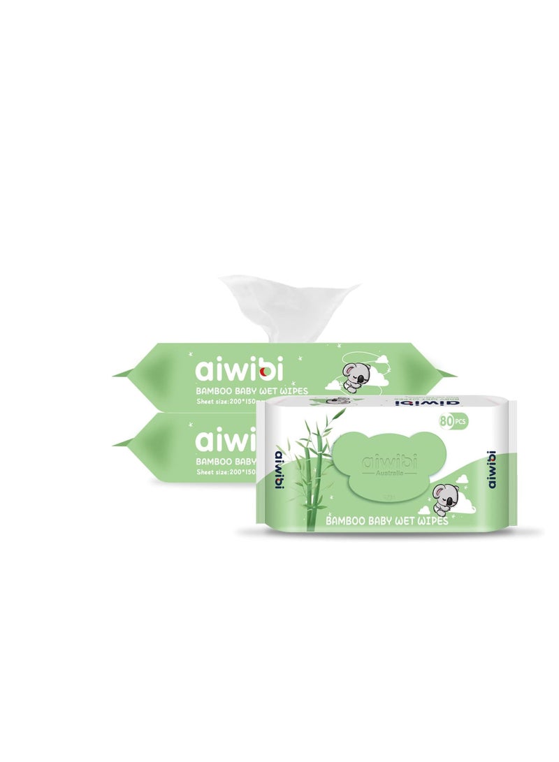 aiwibi Aiwibi Bamboo Baby Wet Wipes Pack of 3 Pouches 80 Sheets 240 Wipes 