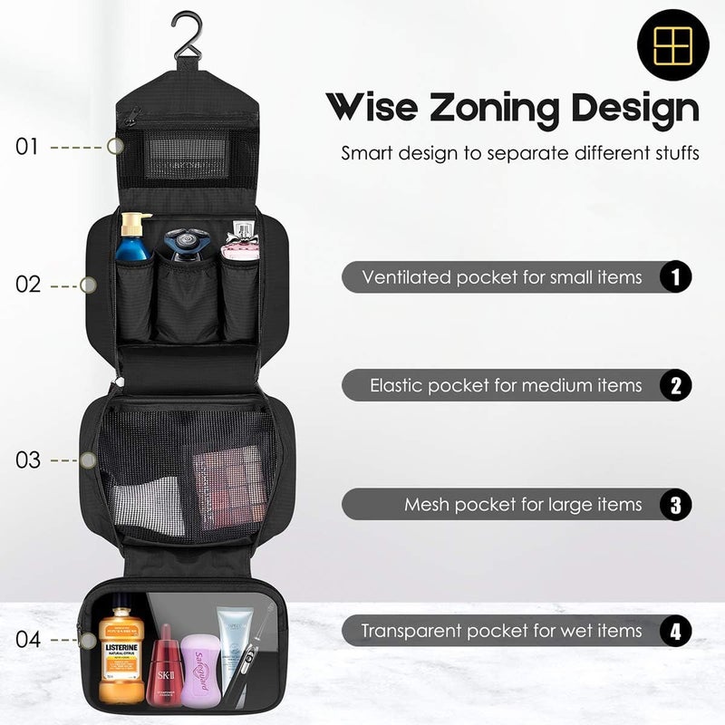 NALACAL Toiletry Bag for Men & Women | Large for Traveling | Hanging Compact Hygiene Bag with 4 Compartments 3 in 1 Multifunctional Large Makeup Cosmetic Case Waterproof Bathroom Shower Bag (Black) - Image 2