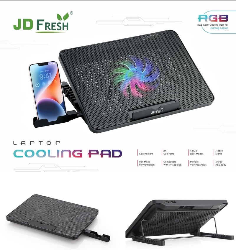 JD FRESH وسادة تبريد للكمبيوتر المحمول من مع حامل هاتف محمول ومروحة تبريد كبيرة هادئة واحدة، حامل تبريد للكمبيوتر المحمول مع 7 مستويات ارتفاع قابلة للتعديل، للكمبيوتر المحمول 17 15.6 14 13 12 بوصة، منفذا USB - Image 2