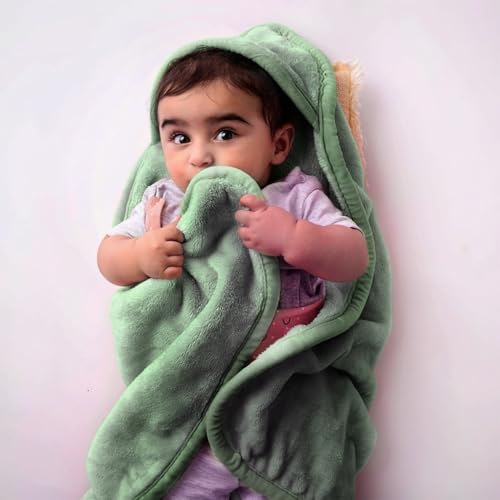 haus & kinder Fur Blanket & Hooded Blanket for New Born Upto 6 Months - 450 GSM Super Soft Blanket for New Born Baby, Warm Blankets for Winter, Baby Warm Blanket Plush, 75X75 CM, Sage Green, 1 Pc - Image 1