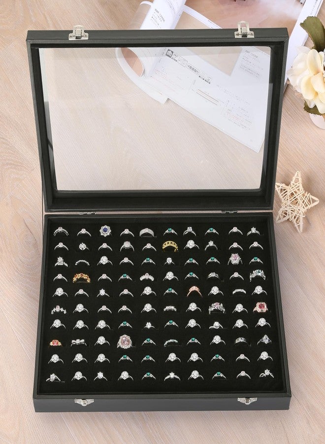 KUKUVR 100 Slots Ring Organizer Display Tray, Velet Jewelry Ring Stud Earring Holder Storage Box with Transparent Lid for Store Display Home dresser storage (Black) - Image 4