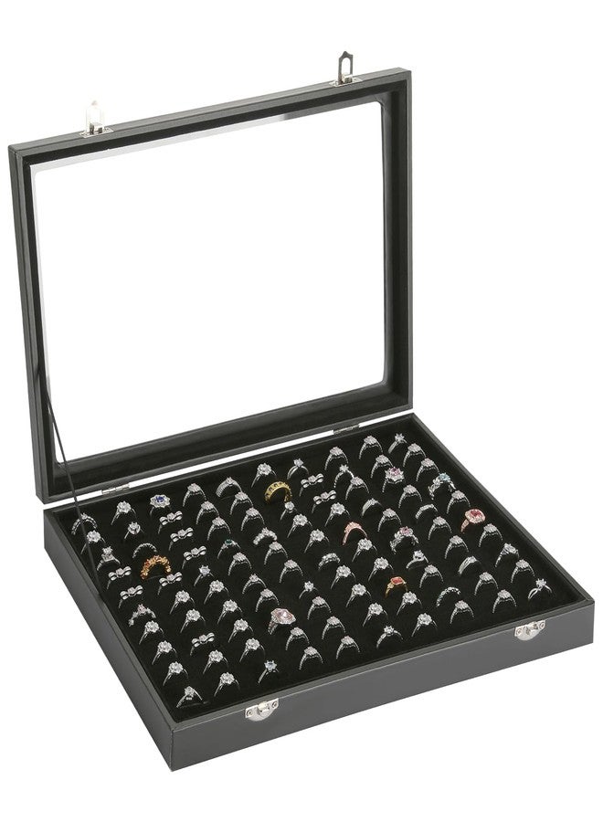 KUKUVR 100 Slots Ring Organizer Display Tray, Velet Jewelry Ring Stud Earring Holder Storage Box with Transparent Lid for Store Display Home dresser storage (Black) - Image 1