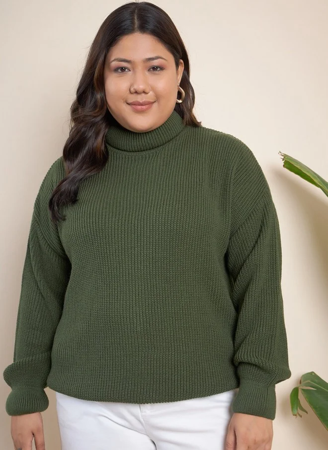 CURVY STREET Olive Ribbed Turtle Neck Pullover for Women