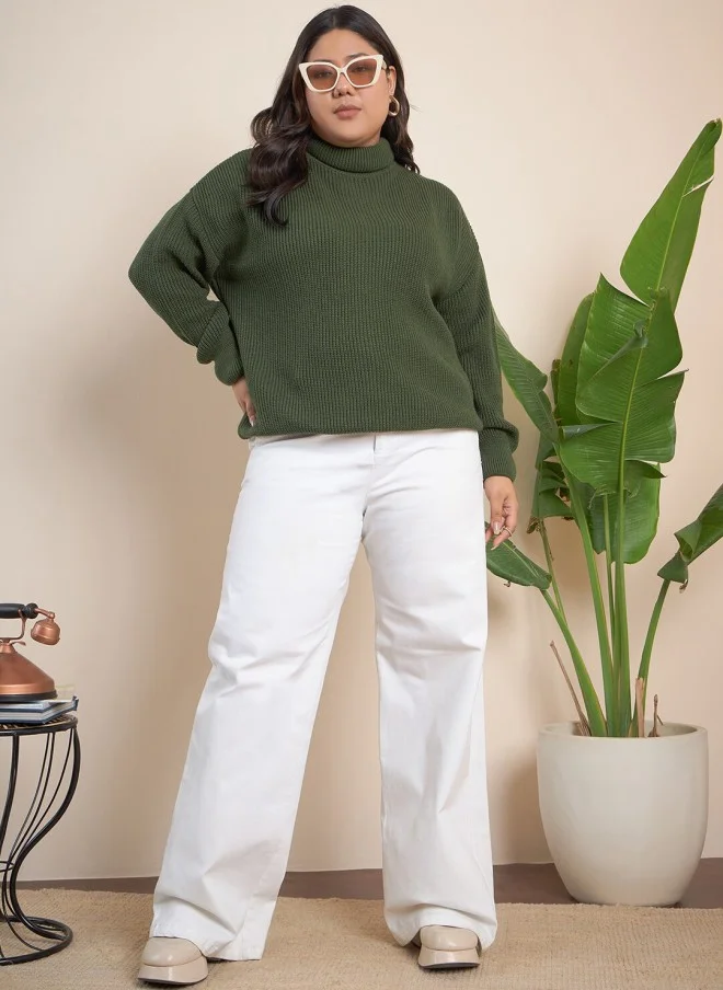 CURVY STREET Olive Ribbed Turtle Neck Pullover for Women