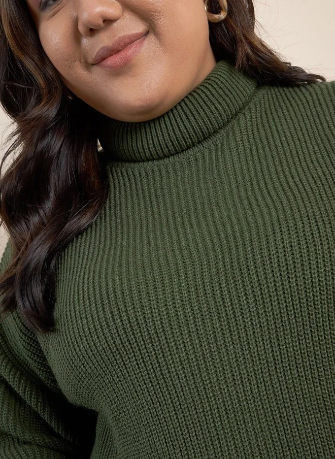 CURVY STREET Olive Ribbed Turtle Neck Pullover for Women