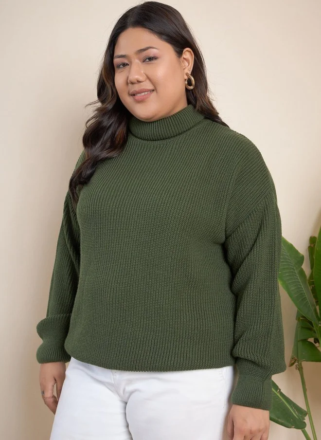 CURVY STREET Olive Ribbed Turtle Neck Pullover for Women
