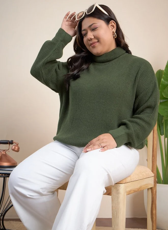 CURVY STREET Olive Ribbed Turtle Neck Pullover for Women
