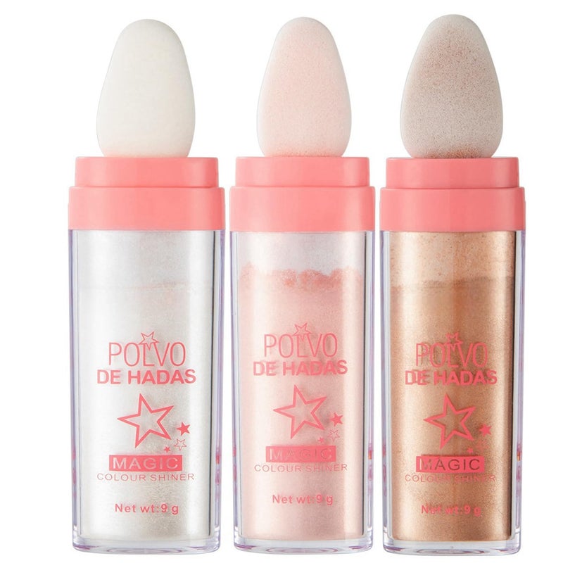URQT 3 Color Polvo De Hadas Fairy Dust Highlight Patting Powder  Full Body Contouring and Clavicle Pearlescent Patting Powder for Face and Eye Halloween Sparkling Body Glitter Powder Trio