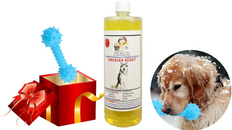 swacch Siberian Husky Dog Shampoo + Dumbbell Toy I Durable Rubber Dog Toy for Chewing I Playing,Teeth Cleaning & Training Toy I Combo Pack I 1 Litre Lemon - Image 1