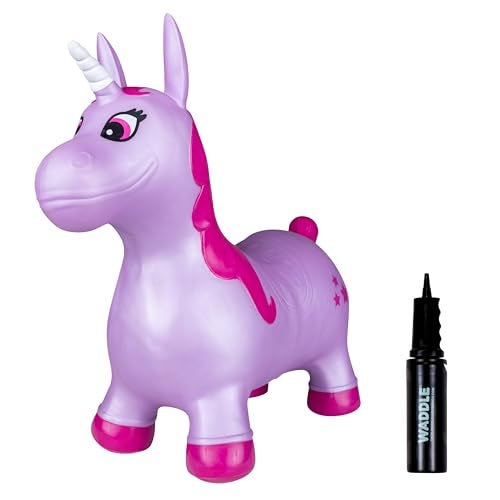 Waddle Bouncy Animal Hopper Inflatable Hopping Animals Indoors and Outdoors Fun Pump Included Riding Toys for Boys and Girls Ages 2 Years and Up Purple Pink Unicorn - Image 1