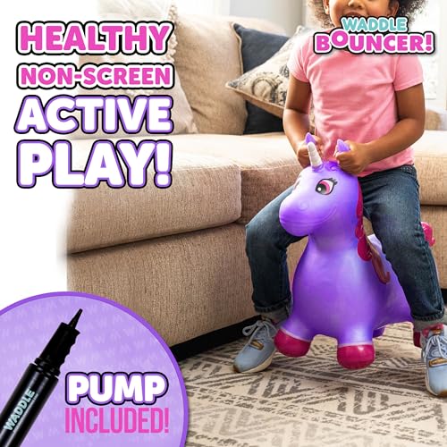 Waddle Bouncy Animal Hopper Inflatable Hopping Animals Indoors and Outdoors Fun Pump Included Riding Toys for Boys and Girls Ages 2 Years and Up Purple Pink Unicorn - Image 5