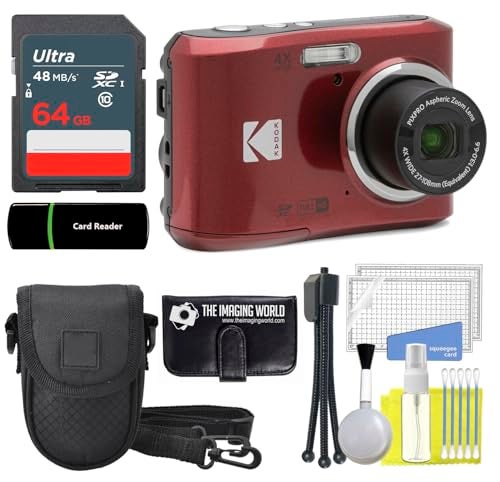 The Imaging World Kodak PIXPRO FZ45 16MP Digital Camera 4X Optical Zoom 27mm Wide Angle 1080P Full HD Video 2.7" LCD Camera (Red) + 64GB Card and Reader + Case + Memory Wallet + Tripod + Cleaning Bundle - Image 1