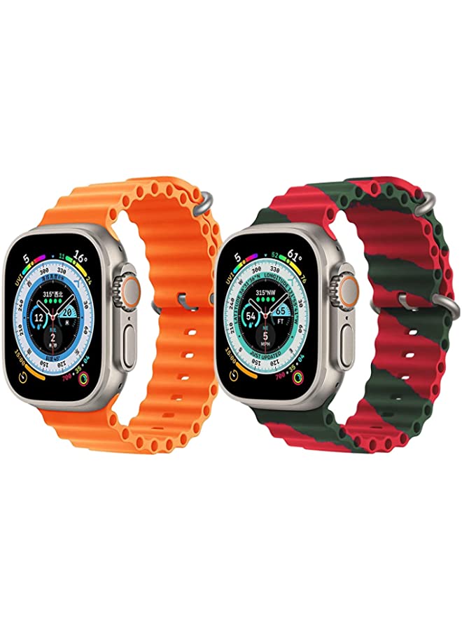 IAF Silicone Ocean Band Strap for Apple Watch Ultra 8 49mm Orange Single Color Strap with Red/Green Double Line Strap Set of 2