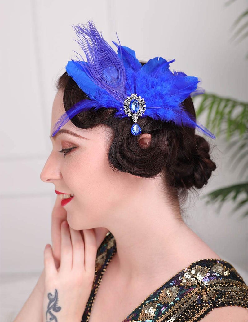Aimimier 1920s Flapper Feather Hair Clip Royal Blue Crystal Teardrop Headpiece Prom Party Festival Roaring 20s Accessories for Women and Girls