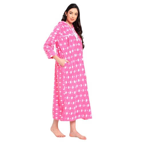 CIERGE Women's Woolen Star Printed Hoodie Maxi Nighty (Pink, Wool), Free Size - Image 5