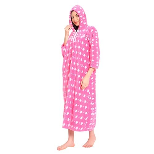 CIERGE Women's Woolen Star Printed Hoodie Maxi Nighty (Pink, Wool), Free Size - Image 1