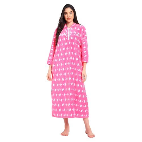 CIERGE Women's Woolen Star Printed Hoodie Maxi Nighty (Pink, Wool), Free Size - Image 3
