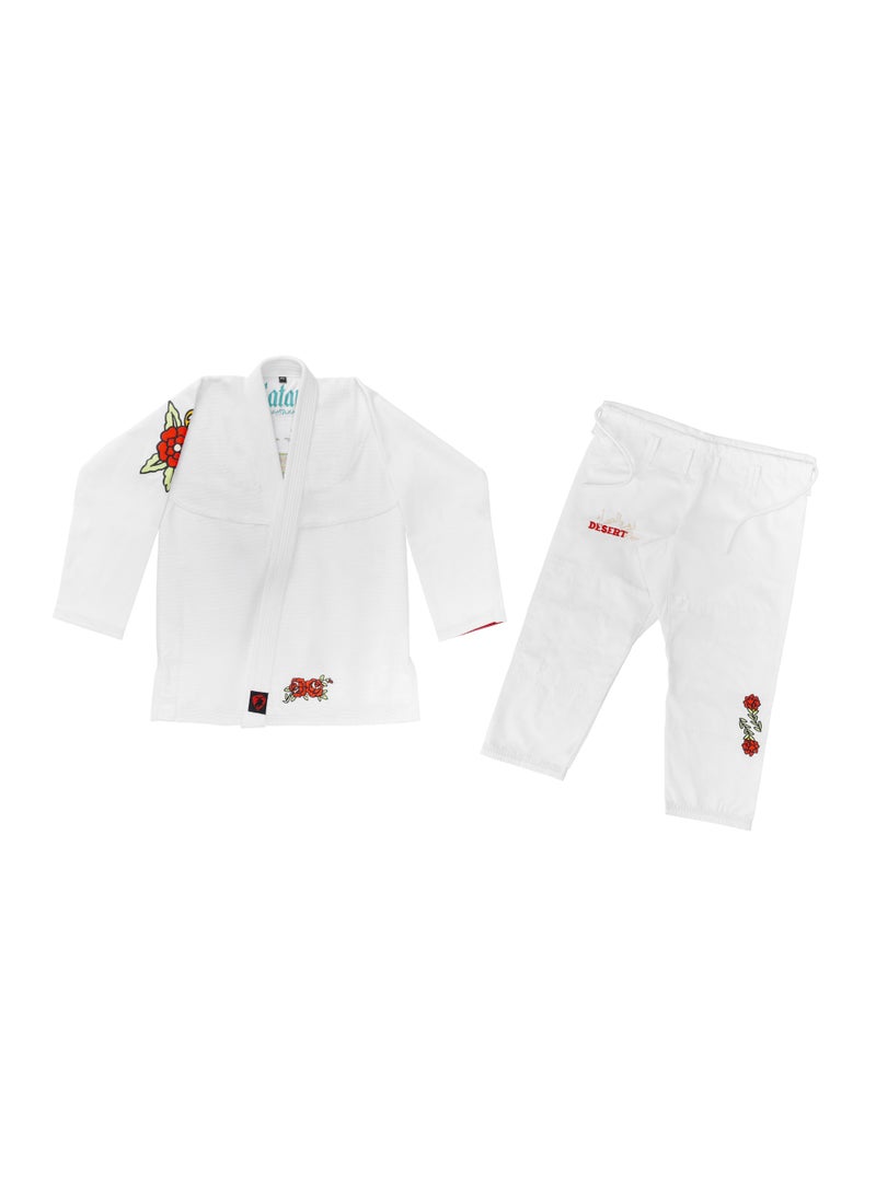 UAEJJ Jiu Jitsu Kimono Martial Arts Dress | Brazilian Jiu Jitsu l Desert Martial Arts Uniform with Floral Embroidery White Gi and Pants Set, Training Outfit - Image 1