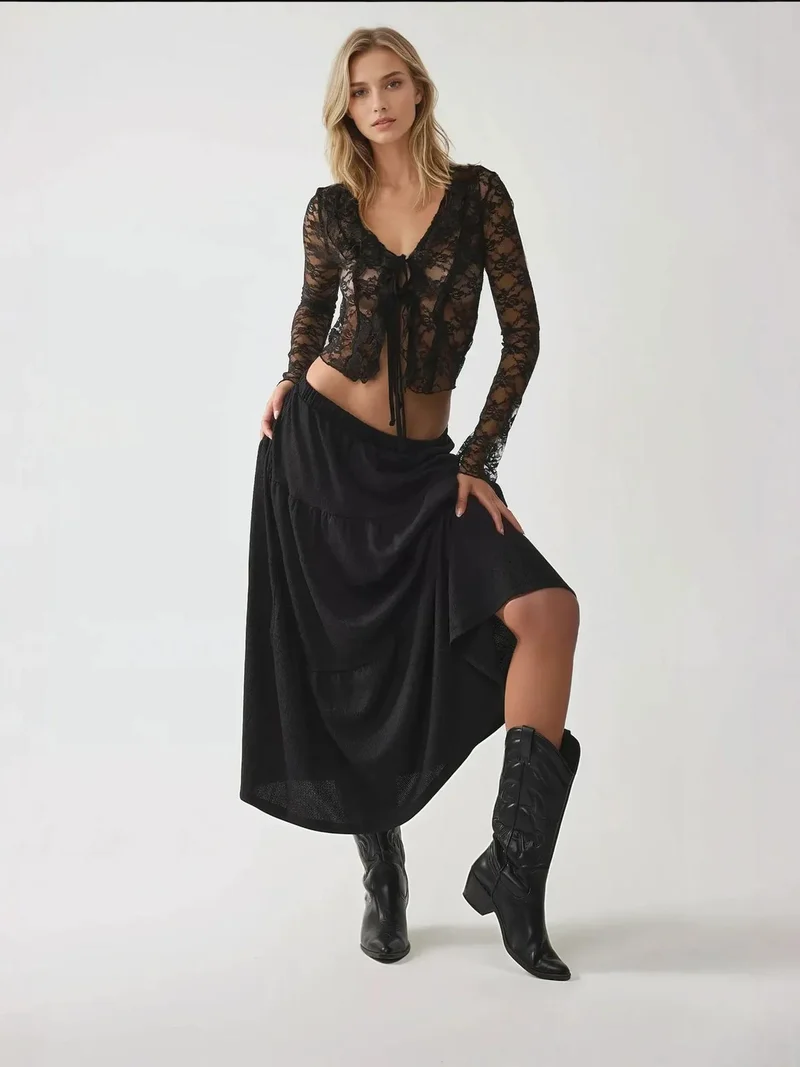 HICCUP Fitted Long Sleeve V-Neck Lace Blouse