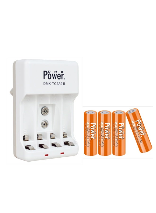 Rechargeable AA Batteries 2800mAh ORANGE Color 4pcs – DMK POWER 1.2V NiMH High Capacity with TC2A9 II Battery Charger Portable Power Solution for AA AAA 9V Rechargeable Batteries