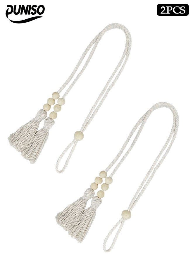 DUNISO 2 Pcs Curtain Tie,Curtain Straps with Six Wooden Beads and Two Tassels, Adjustable According to Curtain Thickness，Frame Simple And Atmospheric Shape, Practical And Stylish, Suitable for Living Room and Bedroom Curtains，60cm，White - Image 1