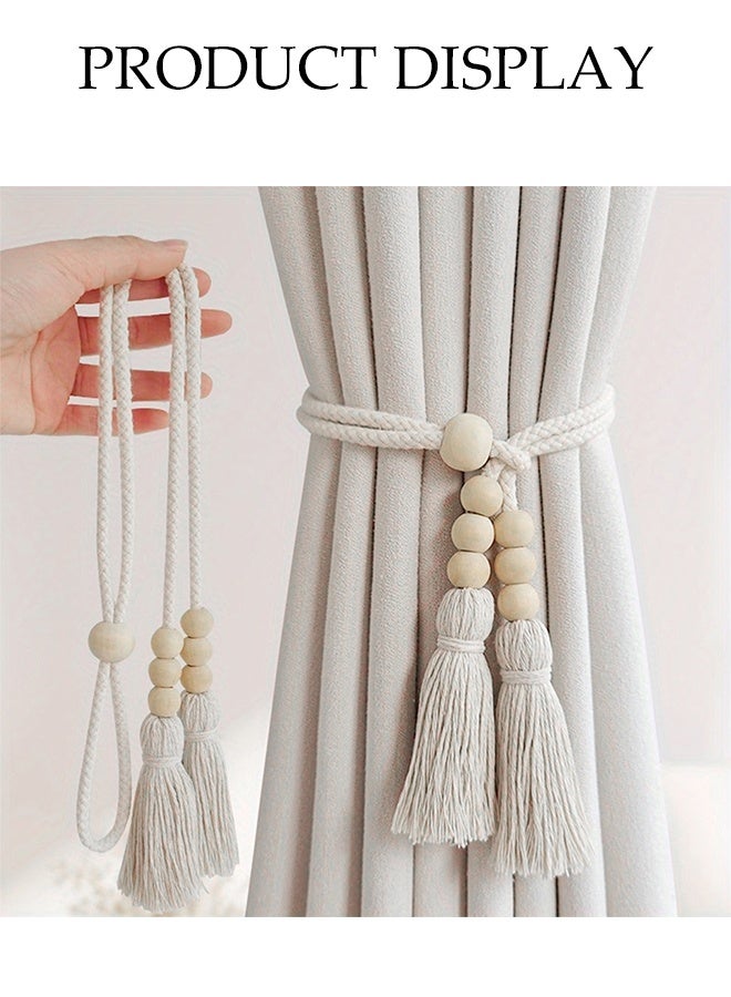 DUNISO 2 Pcs Curtain Tie,Curtain Straps with Six Wooden Beads and Two Tassels, Adjustable According to Curtain Thickness，Frame Simple And Atmospheric Shape, Practical And Stylish, Suitable for Living Room and Bedroom Curtains，60cm，White - Image 4