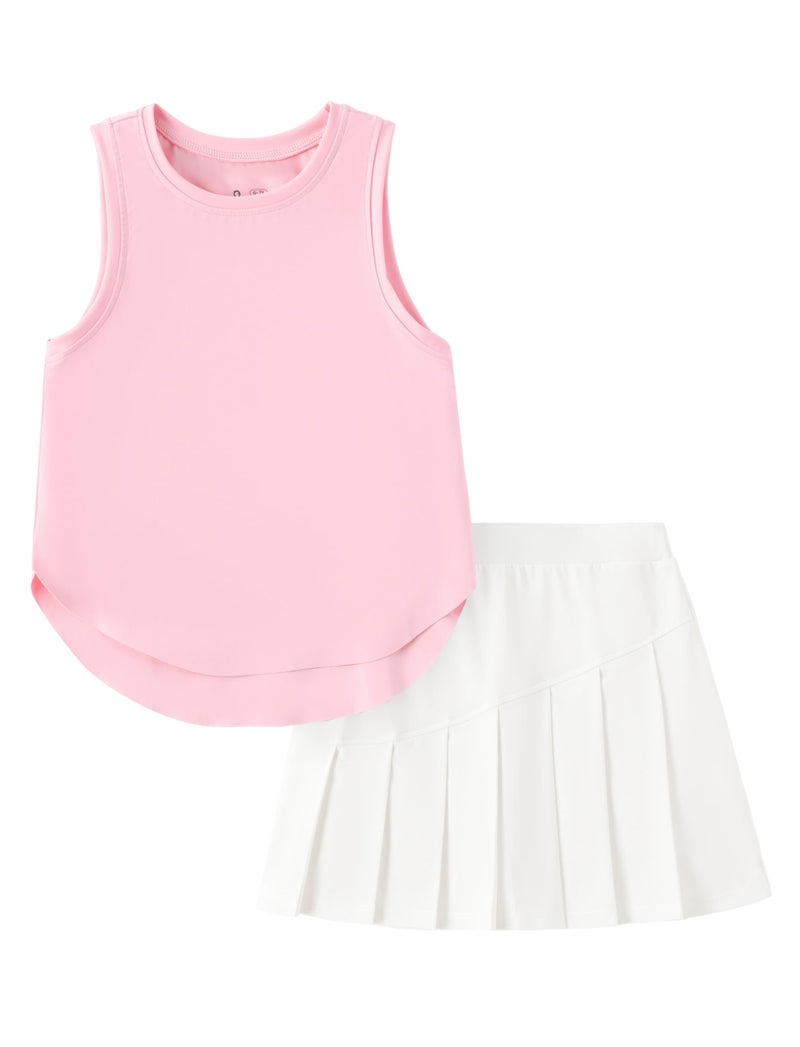 PATPAT Girls 2 Piece Tennis Skirt Set Size 8-9 Pink Tank Tops and White Skort Athletic Sets Sleeveless Tops + High Waisted Pleated Skort 2 Piece Outfits Little Girls Clothes Dance Outfits - Image 1