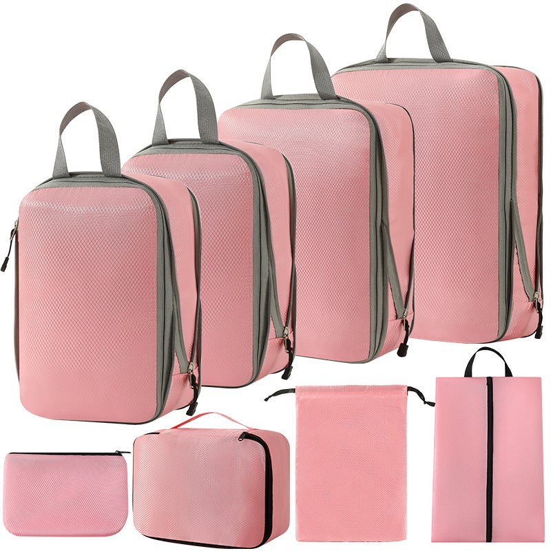 7-Piece Travel Organizer Compression SetThree-piece set + s + shoe bag + bra bag + flat pocket + drawstring pocket (pink eight-piece set) Three-piece set + s + shoe bag + bra bag + flat pocket + drawstring pocket (pink eight-piece set)