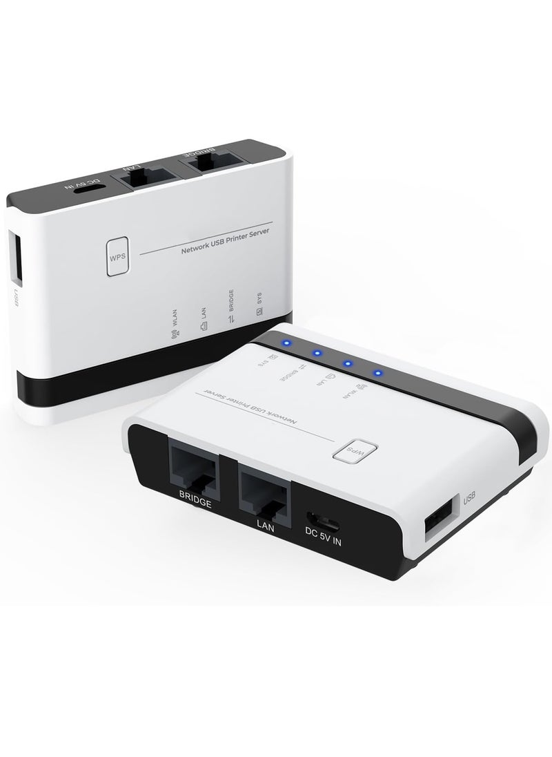 SYOSI - Wireless Print Server 2 Port USB 2.0 WiFi Print Server with 100Mbps LAN and Bridge Wired Wireless Standalone Modes Compatible with Windows 10 8 7 XP Mac OS and All RAW Supported Printers - Image 1