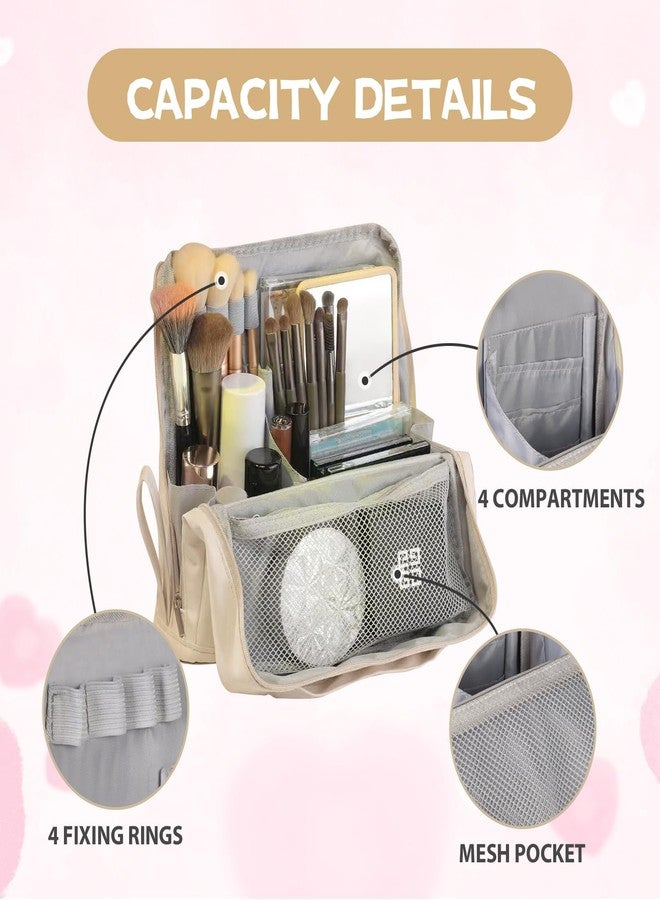 ONRSV Large Capacity Standing Makeup Bag for Travel, Foldable Hanging Toiletry Organizer with 3 Storage Layers & 8 Inner Pockets, Portable Cosmetic Case for Women (Beige) - Image 2