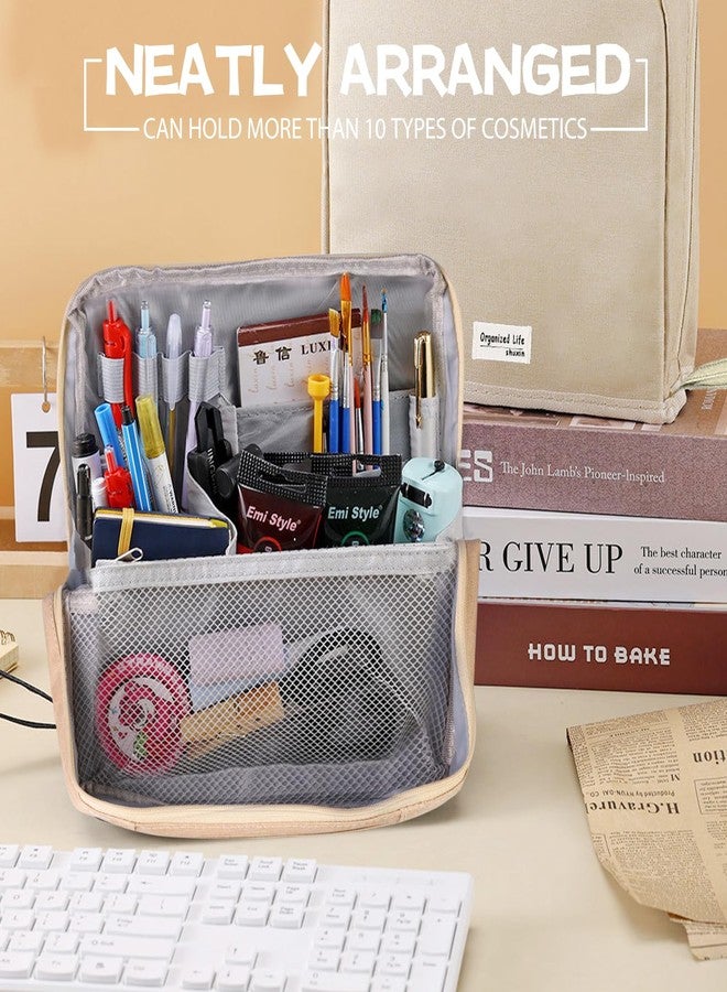 ONRSV Large Capacity Standing Makeup Bag for Travel, Foldable Hanging Toiletry Organizer with 3 Storage Layers & 8 Inner Pockets, Portable Cosmetic Case for Women (Beige) - Image 3