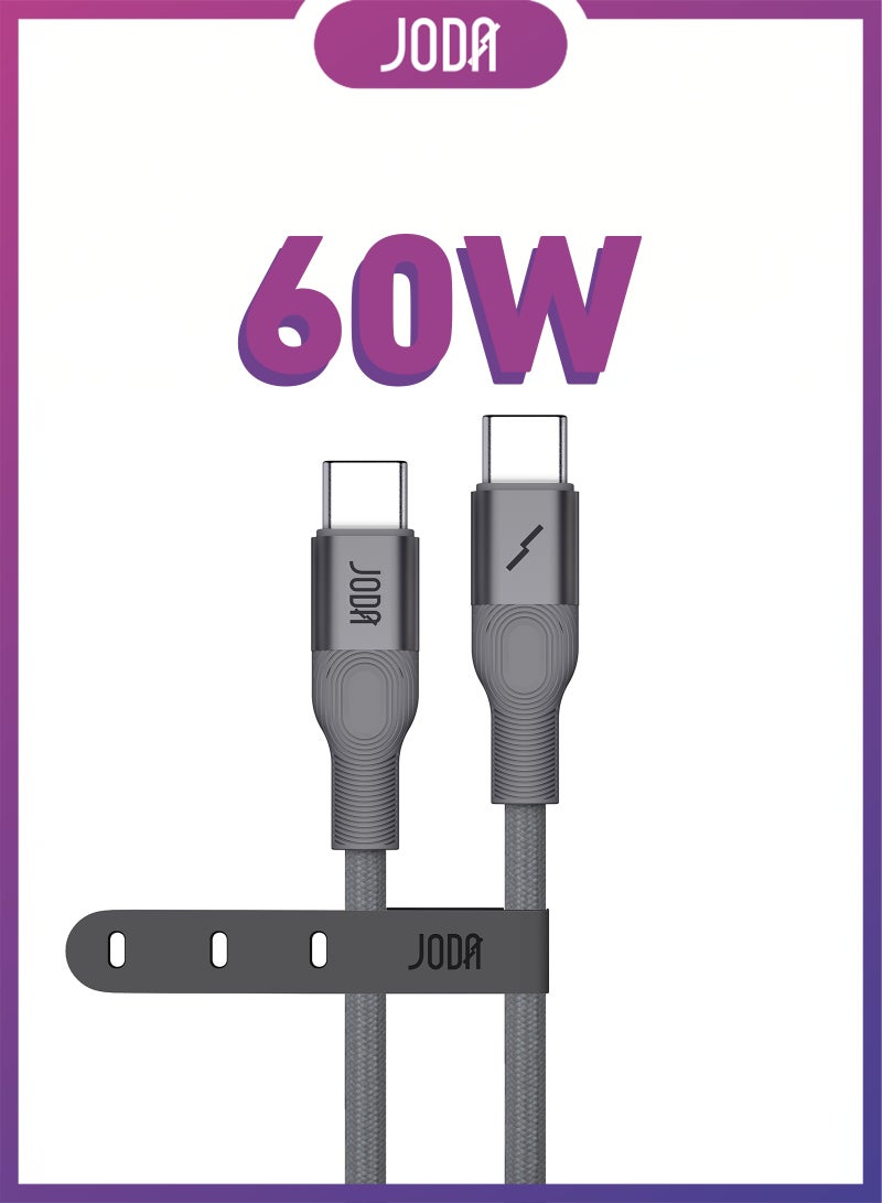 JODA Flex 60W Cable ⚡Titanium provides fast and safe charging using a durable Nylon Braided USB-C to USB-C cable 💪 with a length of 1.2 meters. Perfect for all devices that support USB-C 🔌. The shiny silver color adds a distinctive and modern touch to the tool ✨. Charge quickly and efficiently with this durable cable! 🔋 - Image 1